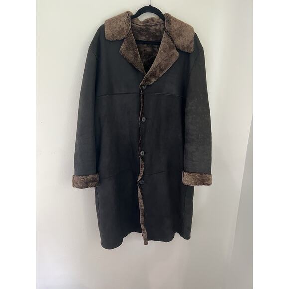 Schott NYC Long leather Shearling Fur Coat Collared Black Unisex Reversible Sz L - Picture 8 of 11